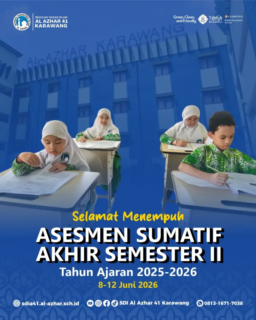 Murid SD Islam Al Azhar 41 Karawang mengikuti Asesmen Sumatif Akhir Semester II Tahun Ajaran 2025-2026 sebagai evaluasi pembelajaran semester genap.