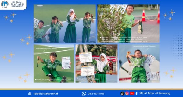 Murid berprestasi SD Islam Al Azhar 41 Karawang menunjukkan medali dan piagam dari kejuaraan renang fins dan taekwondo tahun 2026.